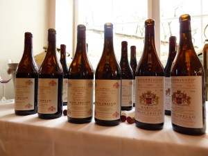 A display of different wines and vintages at a tasting with Giuseppe Mascarello's wines